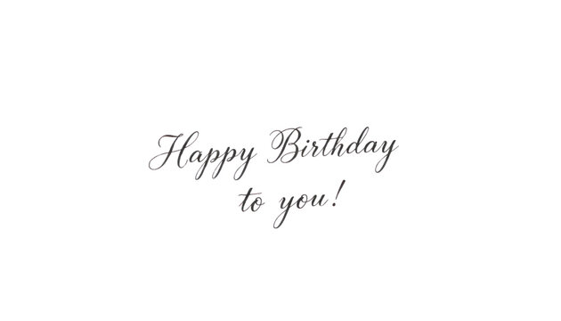 Elegant happy birthday text, handwritten calligraphy greeting message in black on white background for card design