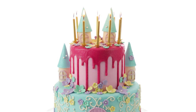 Colorful birthday cake with dripping pink icing and candles, fantasy castle cake decoration, party dessert photo on white
