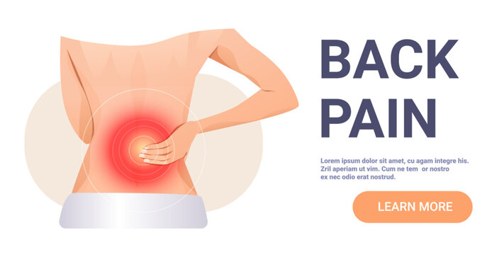 Back pain illustration person holding lower spine red highlighted area discomfort health wellness body care website banner