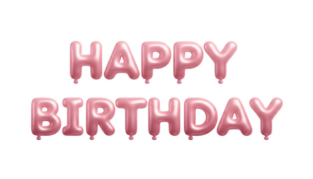Pink balloon happy birthday text, glossy 3D foil letter typography, festive party greeting banner graphic on white