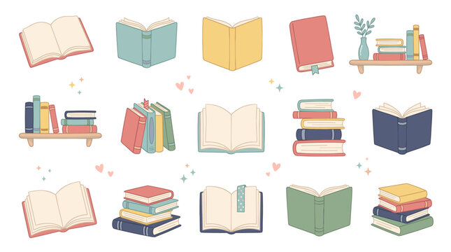 Assorted hand drawn books and reading icons vector set isolated on white for education, library and literature design