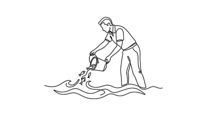 Obraz premium Man Releasing Fish Into Water Single Line Drawing