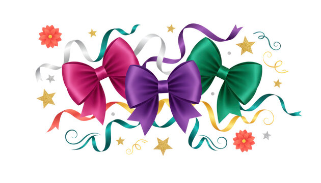 Colorful ribbon bows with curly streamers and confetti stars, festive party decoration clipart on white background