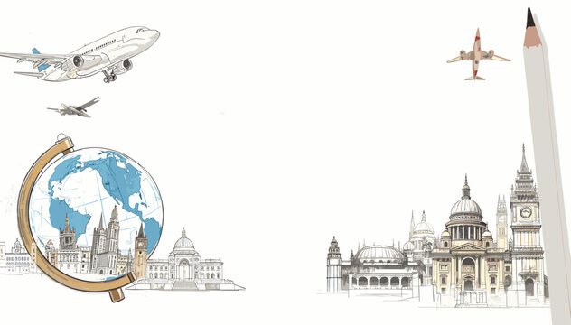 Illustration of a globe surrounded by iconic London landmarks and airplanes flying, with more city architecture and a pencil on the right, symbolizing travel and drawing.