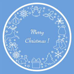 Obraz premium Christmas greeting card with festive icons and text in circular arrangement on blue background