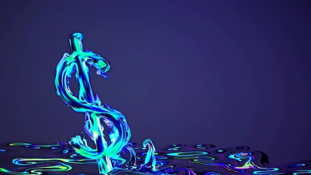 Colorful liquid dollar sign emerges and transforms in shimmering water, showcasing vibrant reflections and fluid motion in a visually striking setting