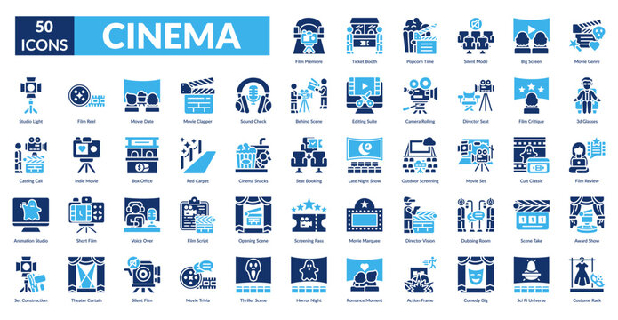 Cinema Fill Icon Set. Action, Actor, Actress, Audio, Award, Board, Booth