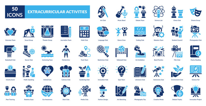 Extracurricular Activities Fill Icon Set. Acting, Art, Astronomy, Badminton, Basketball, Boxing, Calculator