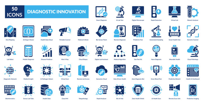 Diagnostic Innovation Fill Icon Set. Analysis, Automation, Binary, Biology, Brain, Cell, Chemistry