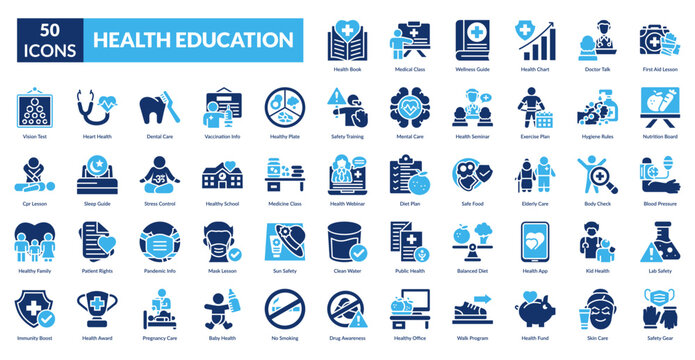 Health Education Fill Icon Set. Anatomy, Apple, Baby, Blackboard, Book, Bottle, Brain