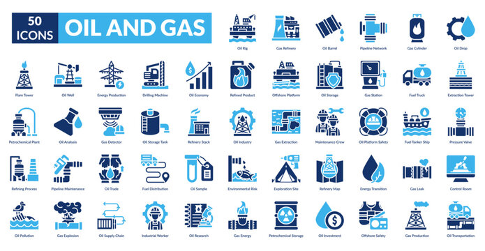 Oil And Gas Fill Icon Set. Barrel, Burner, Canister, Chemical, Cylinder, Deep Water, Derrick