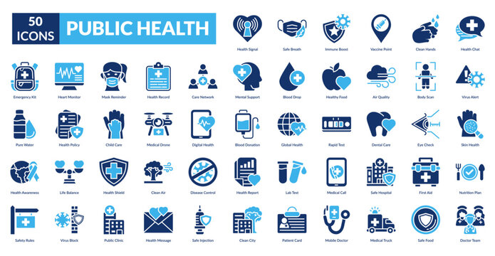 Public Health Fill Icon Set. Ambulance, Apple, Backpack, Blood, Bottle, Brain, Care