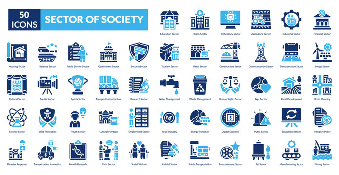 Sector Of Society Fill Icon Set. Agriculture, Architecture, Art, Aviation, Banking, Blueprint, Bus