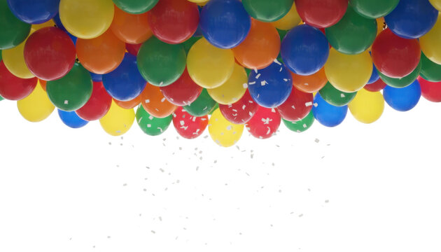 Colorful latex balloons border, festive party decoration background, bright rainbow balloon garland on white