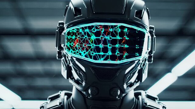 Futuristic black helmet with a digital visor displaying colorful patterns, showcasing a close-up view of advanced technology in a modern, illuminated environment
