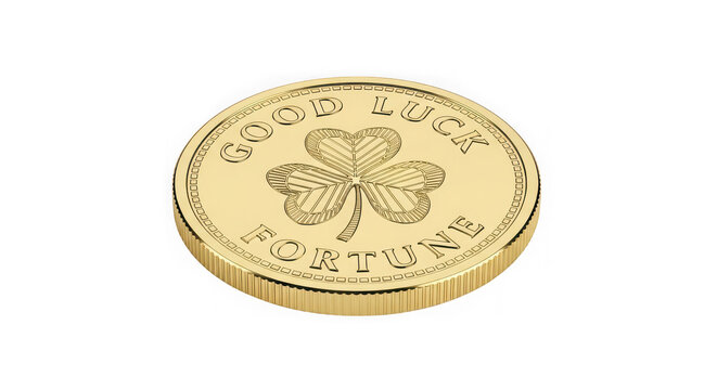 Gold good luck fortune coin with shamrock, isolated on transparent background