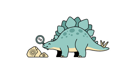 Stegosaurus dinosaur examining small rocks with magnifying glass © Patrick