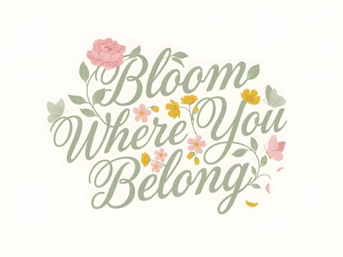 Bloom where you belong text adorned with pink and yellow flowers, leaves, and butterflies.