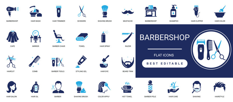 barbershop solid icon set featuring barber, haircut, beard trim, shaving, scissors, razor, hair styling, and grooming. editable vector illustration collection.
