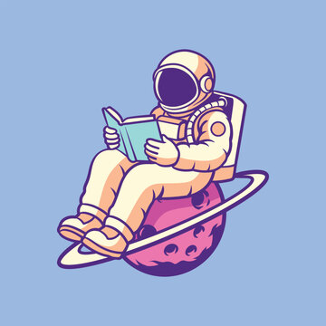 Astronaut Reading Book While Sitting on Ringed Planet Cartoon Vector Illustration