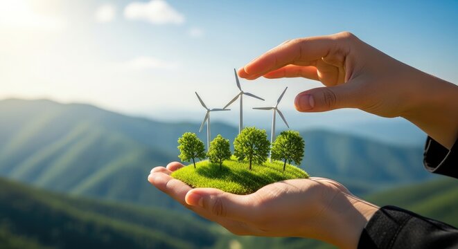 Protective hands shielding miniature wind turbines and trees on green grass representing global climate and ozone protection