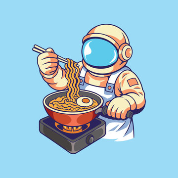 Astronaut Cooking Ramen on Portable Stove Cartoon Vector Illustration