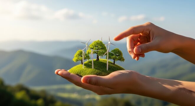 Hand pointing at miniature wind turbines on green grass hill as symbol for renewable energy and ozone layer preservation