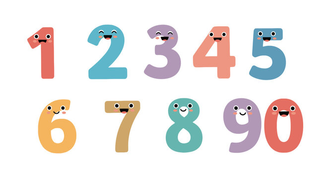 Colorful cartoon numbers from zero to nine with happy faces