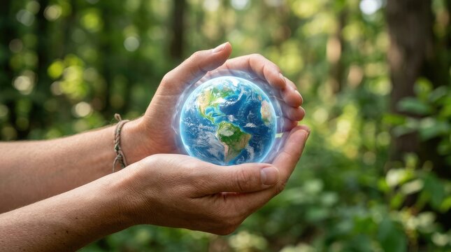 Hands holding a glowing planet Earth globe in a lush green forest to raise awareness for World Ozone Day