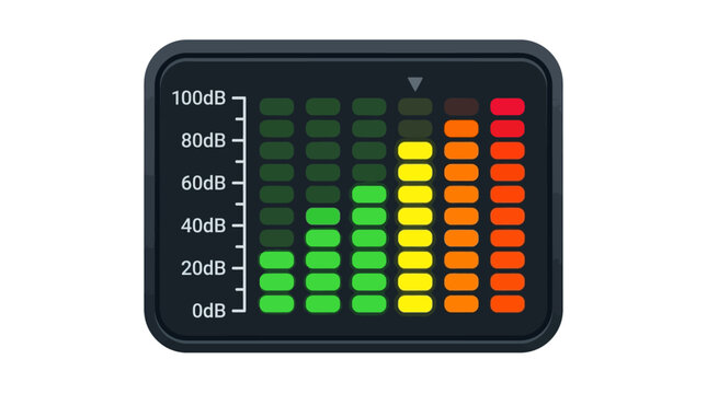 Digital audio equalizer vector icon, colorful sound frequency level meter, music volume scale with decibel measurements and led bars isolated on White Background flat vector eps silhouette