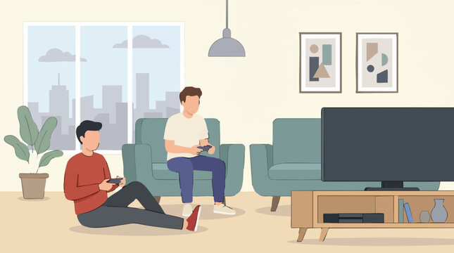 Two men playing video games together in a modern living room illustration