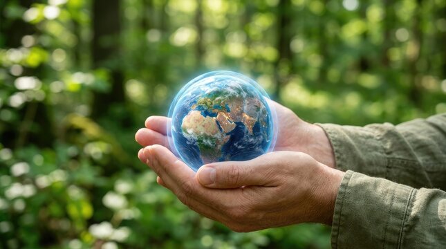 Hands in outdoor plaid shirt holding a glowing earth globe showing city lights at night in a forest for environmental care