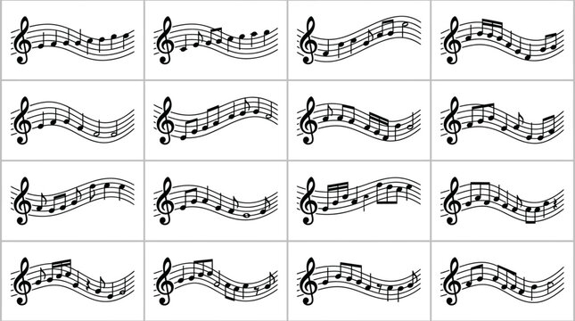 Musical notes on wavy staff lines, set of 16 black music notation vector icons, melodic sound wave symbols for audio and composition design isolated on White Background flat vector eps silhouette