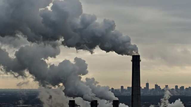 Aerial View of Industrial Smokestacks Releasing Dense Smoke into Atmosphere Above Urban Skyline, Highlighting Environmental Pollution Issues