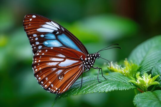 Blue Tiger Butterfly on Green Leaf Close Up
