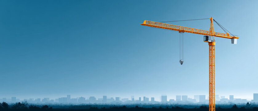 Yellow construction crane towering over city skyline with clear blue sky background during daytime
