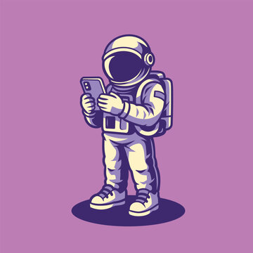 Cute Astronaut Using Smartphone Cartoon Vector IllustrationPrint