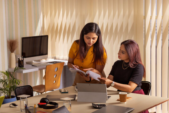 Two businesswomen discussing a project at office workstation