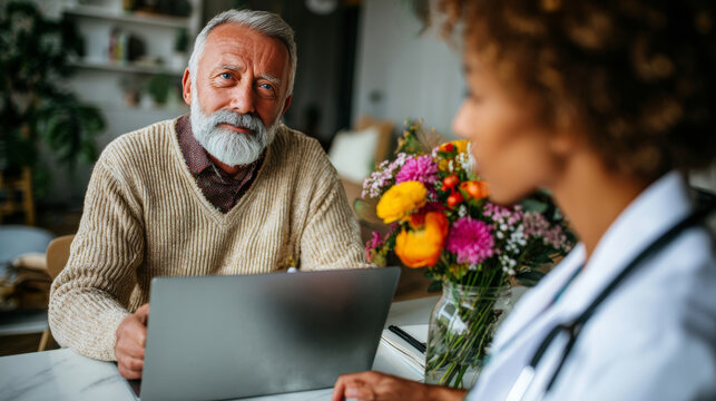 The image depicts an older man and a younger woman sitting acros