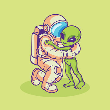 Cute Astronaut Hugging Friendly Alien Cartoon Vector Illustration