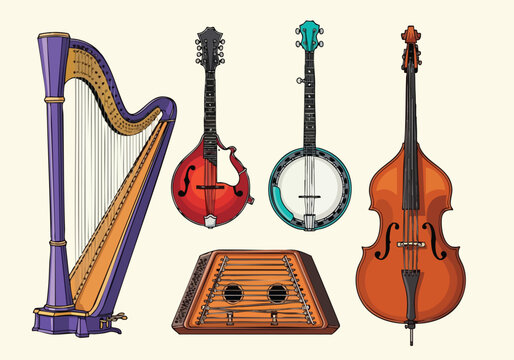 Collection of hand drawn vintage musical instruments