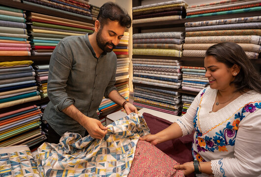 Man showing patterned fabric rolls to clients in a clothing store