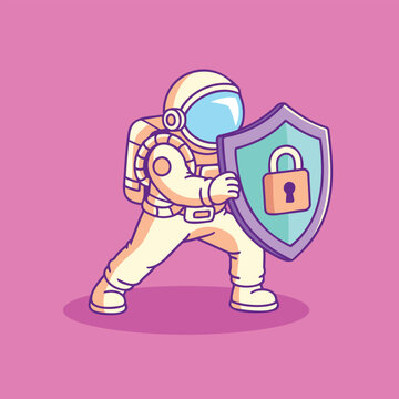 Cute Astronaut Holding Cyber Security Shield Cartoon Vector Illustration
