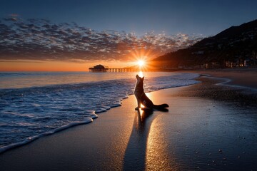 Fototapeta premium Husky dog howling at sunset on the beach