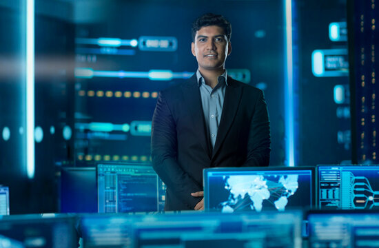 Digitally enhanced portrait of a businessman  superimposed over multiple screens of virtual reality projections and screens