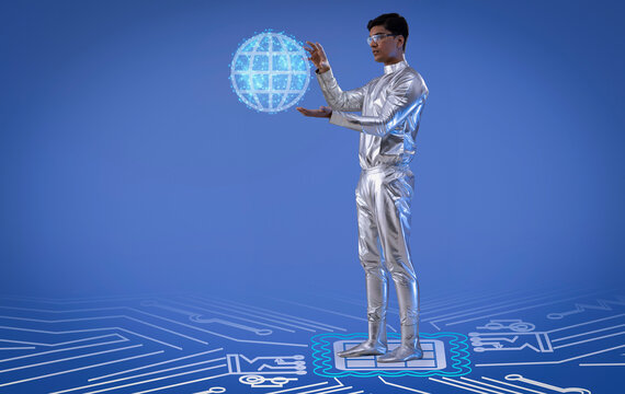 A man wearing silver,futuristic  clothes holding digital globe ,future technology concept
