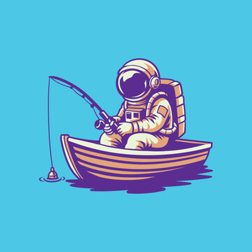 Cute Astronaut Fishing from Wooden Boat Cartoon Vector Illustration