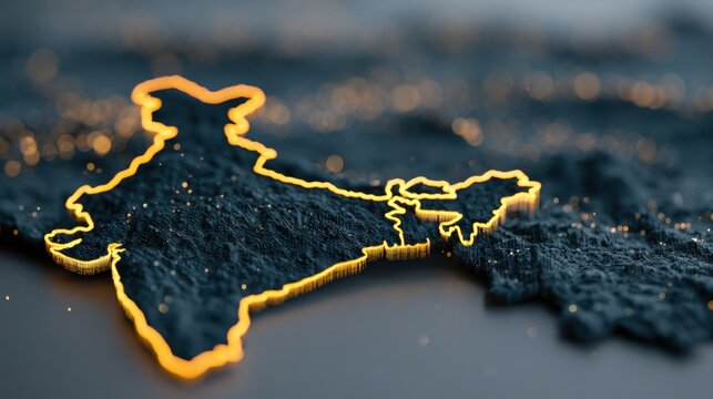 Glowing 3D gold outline map of India.