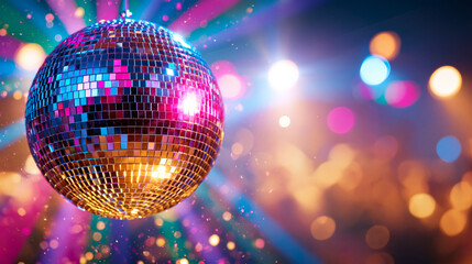 Fototapeta premium A disco ball (or mirror ball) is a spherical object covered in hundreds of tiny mirrored facets