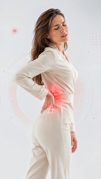 Woman suffers from acute lower back pain. Physical discomfort and spinal health problem. Medical infographic overlay showing injury area on vertebral column for orthopedic treatment concept.